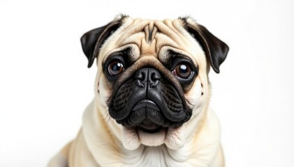 Solo pug, wrinkled face, isolated on pure white, portrait, dog breed