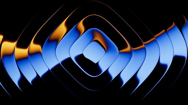 Looping 3D animation. Abstract minimalist background with reflection. Blue and yellow gradient transforms and changes colors inside the rounded geometric shapes