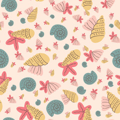 Pastel Summer Seashells Starfish Hand Drawn Artistic Vector Seamless Pattern 