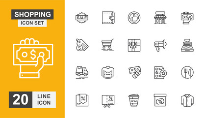 Shopping icon set. Price, payment, gift, discount, promotion, money and more line icon.