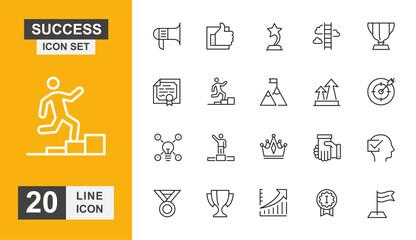 Success icon set. Improvement, leadership, growth, idea, achievement and more line icon.