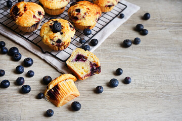 Close-up of vanilla muffins with blueberries on metal mesh tray and cotton towel near blueberries...