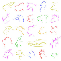 Set of profiles of different animals and birds. Animals in profile. Animal profiles with colored strokes.
