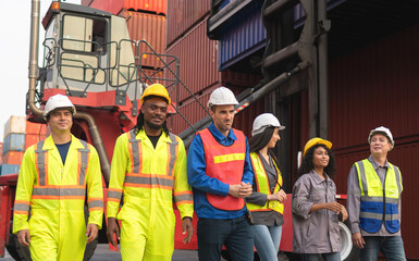 Success Teamwork Concept, Happy business people engineer and worker team in industry containers yard