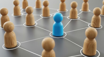 Wooden figures connected by lines with one blue figure in the center.