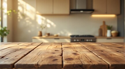 A clean wooden kitchen table with a sharp focus in the foreground, with a modern minimalist kitchen faintly visible in the background.