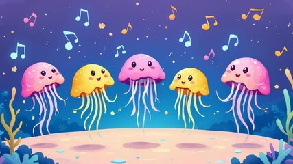 Colorful jellyfish dancing to music in an underwater scene   - Powered by Adobe