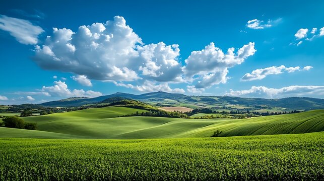 Majestic rolling hills with fresh greenery under bright blue sky image