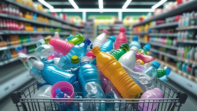 Shopping cart, overflowing plastic waste, colorful bottles, supermarket, environmental issue, consumerism, recycling concept, urban setting, blurred background, retail space, sustainability challenge, - Powered by Adobe