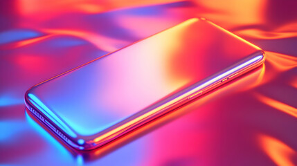Smartphone on Reflective Fabric Surface with Vivid Pink and Blue Lighting creating a Modern Technological Aesthetic