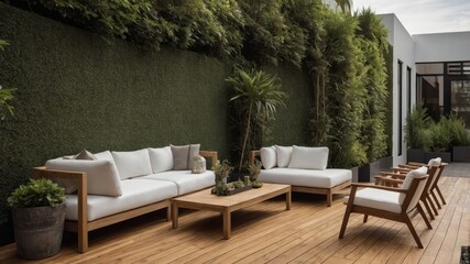 Fototapeta premium Modern outdoor patio furniture and lush green wall create ambience