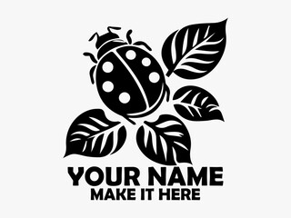 Elegant black and white illustration of a ladybug with distinctive spots crawling on stylized leaves against a transparent backdrop. Insect concept and logo vector design