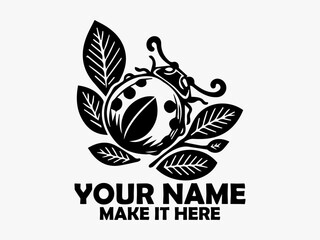 Elegant black and white illustration of a ladybug with distinctive spots crawling on stylized leaves against a transparent backdrop. Insect concept and logo vector design