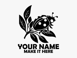 Elegant black and white illustration of a ladybug with distinctive spots crawling on stylized leaves against a transparent backdrop. Insect concept and logo vector design © Arnis