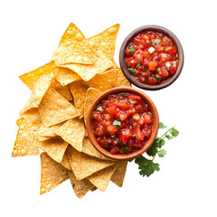 Nachos with dry chips and salsa served in a bowl, delicious and savory snack, Isolated Transparent Background