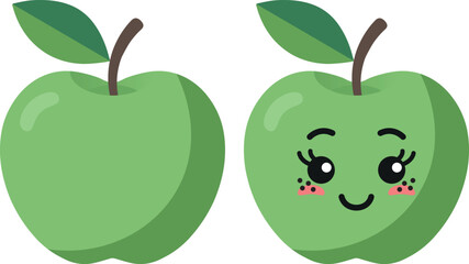 Green apple with kawaii eyes. Flat design vector illustration of green apple.
