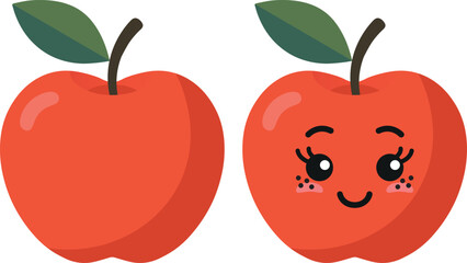 Red apple with kawaii eyes. Flat design vector illustration of red apple.