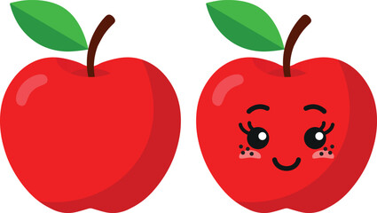 Red apple with kawaii eyes. Flat design vector illustration of red apple.