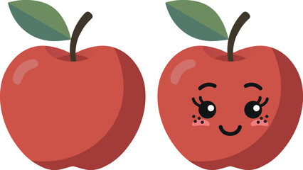 Red apple with kawaii eyes. Flat design vector illustration of red apple.