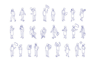 Isometric office people poses set. Line art business characters standing, talking, gesturing, working on white background. Minimalist vector illustration of corporate employees