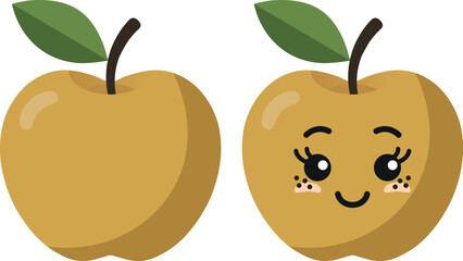 Yellow apple with kawaii eyes. Flat design vector illustration of yellow apple.