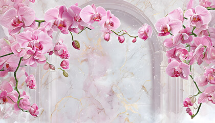 3D Pink Orchid Wallpaper on Delicate Marble Arch. Delicate Pink Orchids 3D Wallpaper. 3D Floral Wallpaper. Elegant Pink Orchids on a 3D Marble Arch Background.