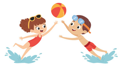 Boy and girl playing with a ball in swimming pool. A set of flat vector illustrations in a simple children's style. 