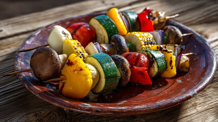 Grilled vegetables on skewer with char marks on rustic plate