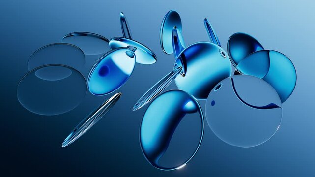 looping 3d animation. Abstract blue aesthetic background. Round glass lenses with reflective surface, floating on air, arranged chaotically, spin and rotate