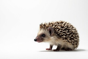 Fototapeta premium Close-up of a lone hedgehog against a stark white backdrop, fur, white, macro