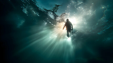 Fototapeta premium Diver Ascending Through Sunlit Depths Exploring the Serenity Underwater