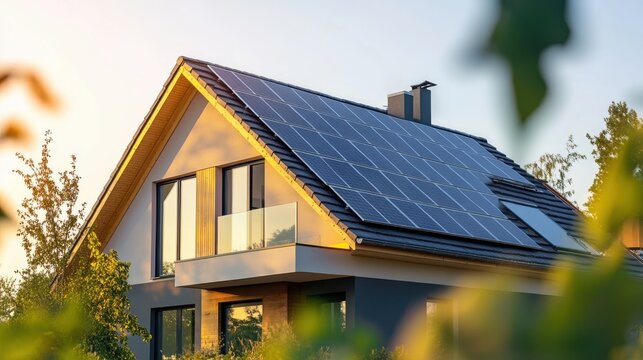 Close-up of new suburban house with a photovoltaic system on the roof. Modern eco friendly passive house with solar panels on the gable roof, with sunlight in the morning vibes.
