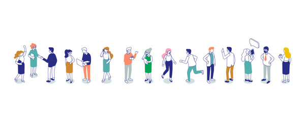 Line art office people silhouette isometric vector set isolated on white background. Teamwork, cooperation. 