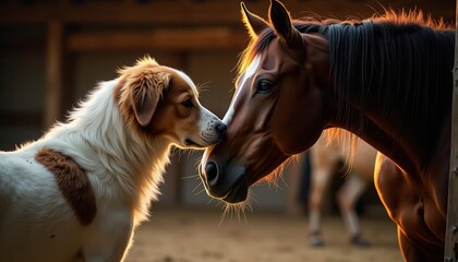 A heartwarming moment between a dog and a horse in a barn setting, the concept of friendship among farm animals.