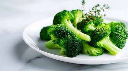 Steamed broccoli florets seasoned lightly with fresh herb garnish, arranged neatly on white plate against marble tabletop, captured in close-up with natural lighting and shallow focus.  