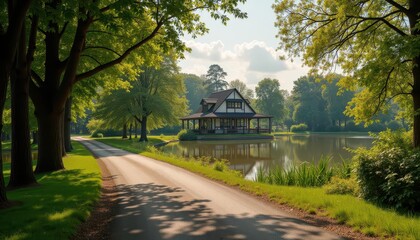A peaceful lakeside scene with a charming house surrounded by lush greenery and clear blue skies.