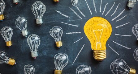 Bright idea stands out amongst many clear lightbulbs on a dark background