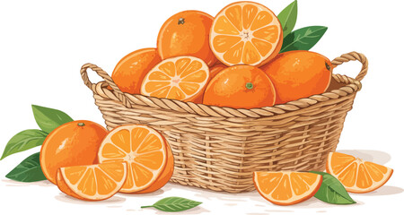 Orange with Orange Slice in wicker basket on table in white background Illustration vector design, Orange vector design