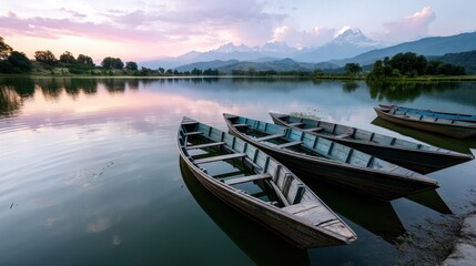 Obraz premium Serene lakeside view with traditional boats at sunset, mountains in the background reflecting