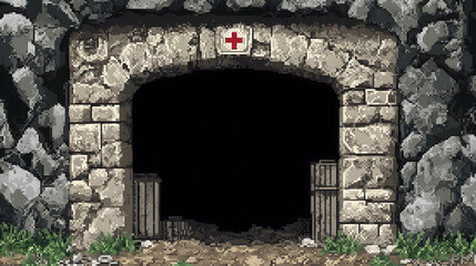 Stone Tunnel Entrance with Medical Cross Symbol Dark and Enigmatic Opening Leading into Underground with Crates and Grass