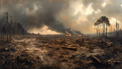 Barren landscape with scorched earth skeletal trees and distant flames under a smoke-filled ominous sky depicting environmental devastation.