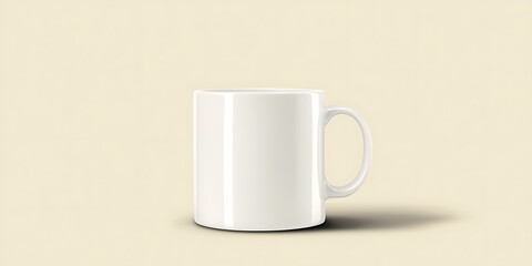 Obraz premium Simple white ceramic mug with handle casting a subtle shadow on a pale yellow background.