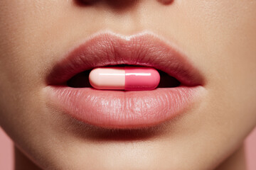 Naklejka premium Woman holding pill between lips