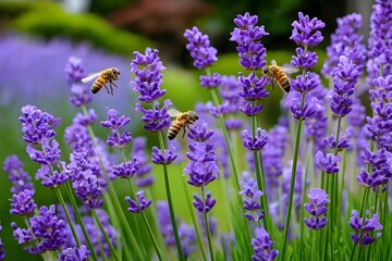 Obraz premium Close-up of lavender cluster with bees soft focus