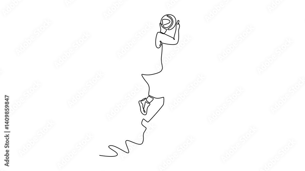Poster animated self drawing continuous line draw professional basketball player in sport clothes jumping a