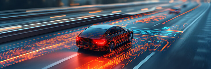 Digital rendering of a sleek car on a highway with vibrant orange and blue data stream overlays futuristic concept.