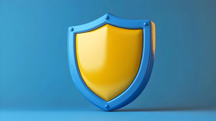 Stylized Blue and Yellow Shield Symbolizing Protection and Security Against a Blue Background with Simulated 3D Rendering