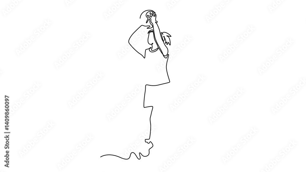 Poster self drawing animation of single line draw pretty female basketball player doing jump shot for scori