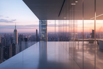 Modern open office with panoramic cityscape view at sunset in a high-rise building