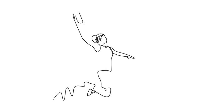 Self drawing animation of single line draw attractive female basketball player makes slam dunk at sport court arena. Healthy urban lifestyle on competitive game. Continuous line. Full length animated